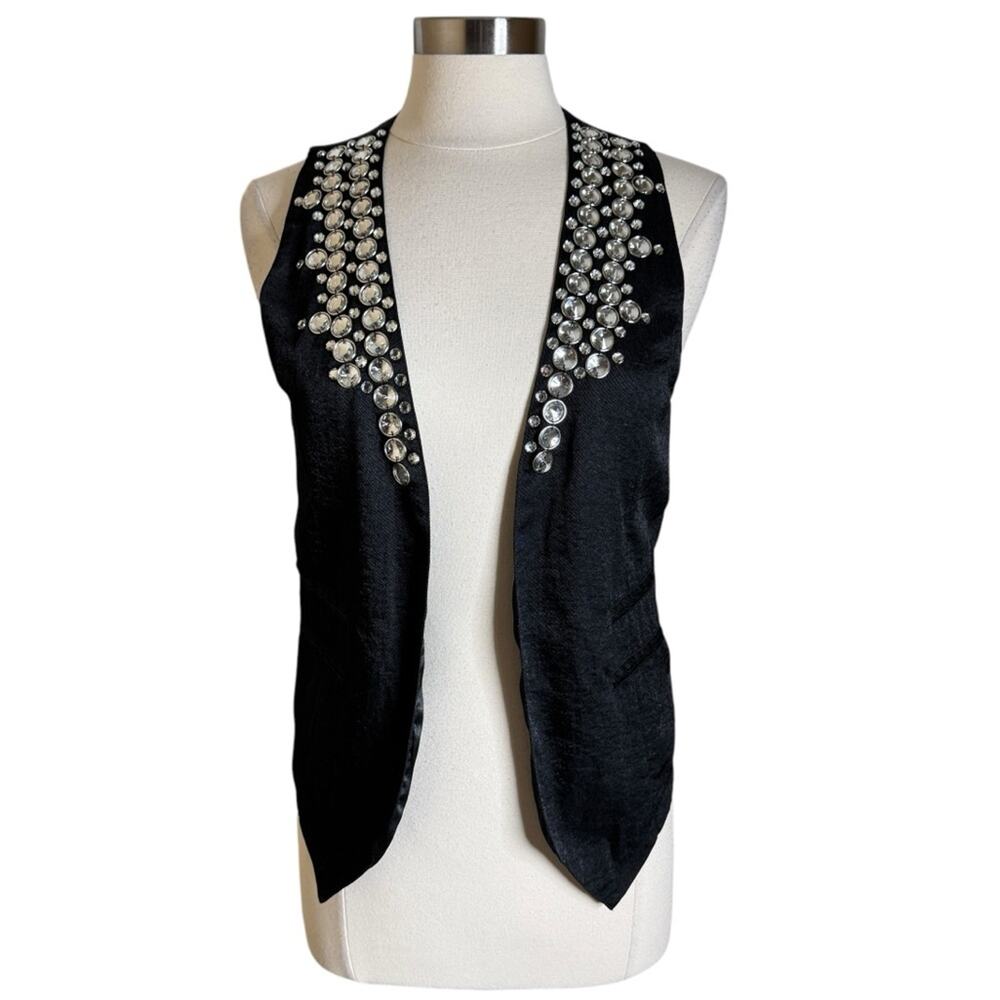 Vintage Y2K Nylon Satin Western Bling Vest Black Womens Large Festival Country